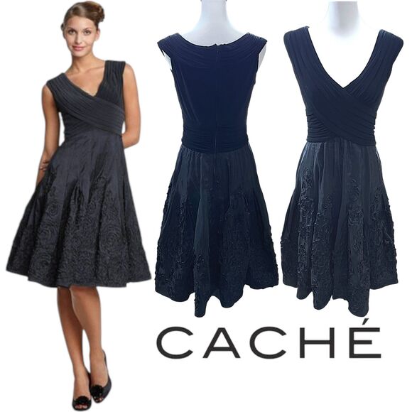 Cache Black V Neck A-Line Midi Dress Size 10 - Picture 1 of 9